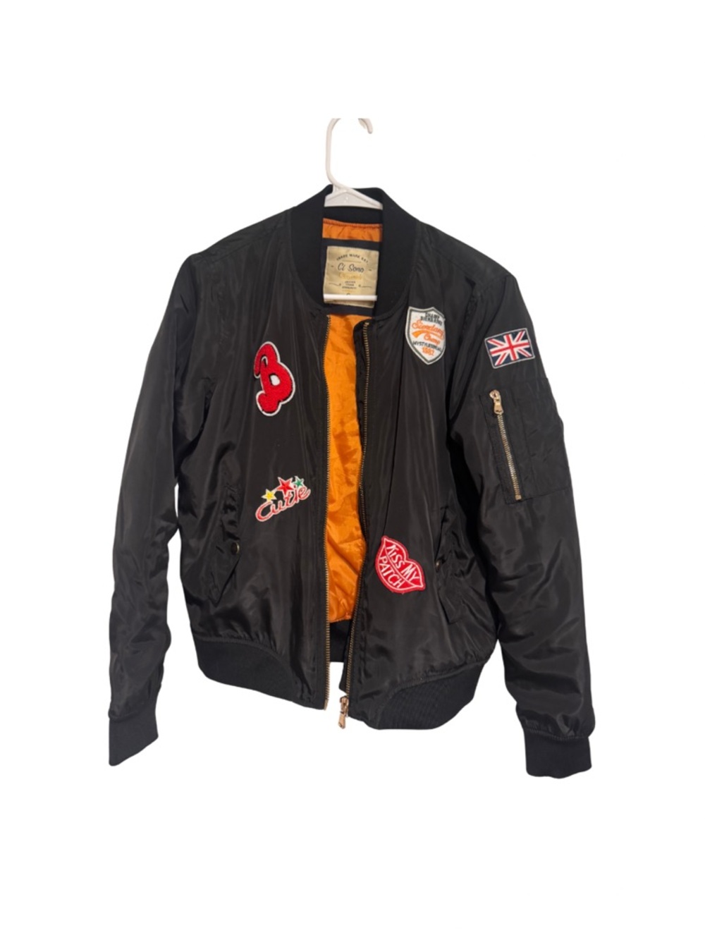 Ci Sono Black Bomber Jacket with Orange Lining and Patch Accents